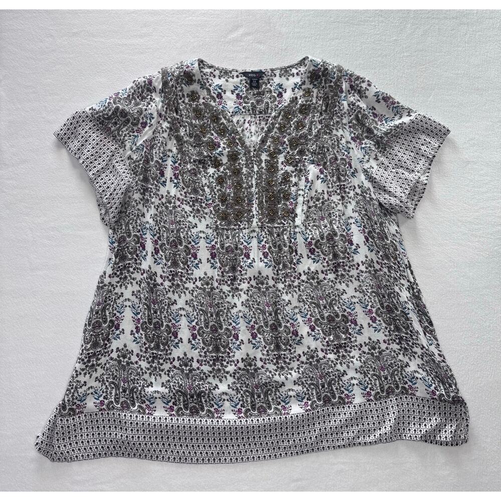 Brown Beaded All Over Print Casual 3X Short Sleeve